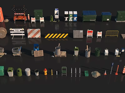 Road Construction Site Components With Barriers Trash Bins Trolleys Warning Signs And Traffic Cones 3d model