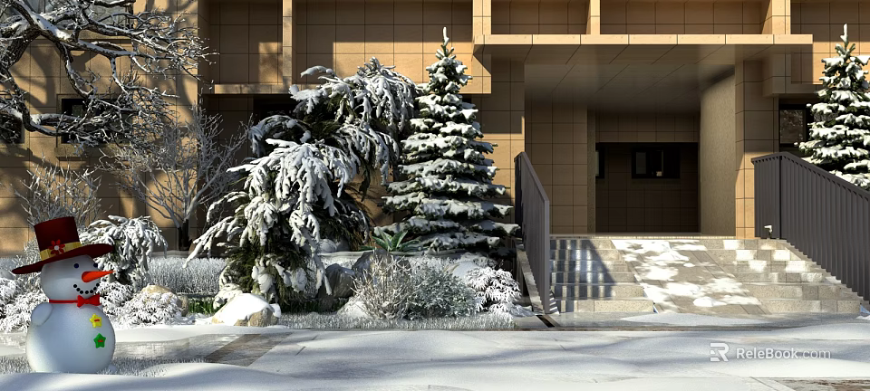 Snow Covered Trees Outside Brown Building With Stairs And Shrubs In Winter 3d model 