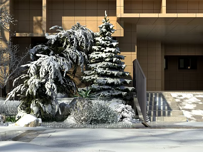 Snow Covered Trees Outside Brown Building With Stairs And Shrubs In Winter 3d model