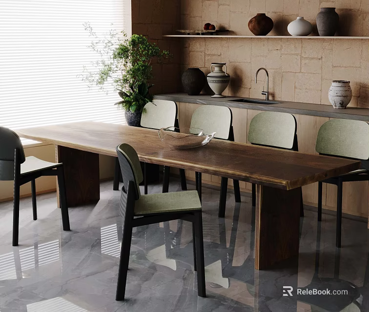 Natural Wooden Dining Table Set With Green Chairs Plant Brick Wall Shelves 3d model 