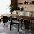 Natural Wooden Dining Table Set With Green Chairs Plant Brick Wall Shelves