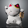 Ceramic White Lucky Cat Decorative Figurine With Black Yellow Ears Raised Paw And Wooden Plaque