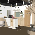 Modern Cozy Dessert Shop Interior With Wooden Counter Golden Pendant Lights And Decorative Plants