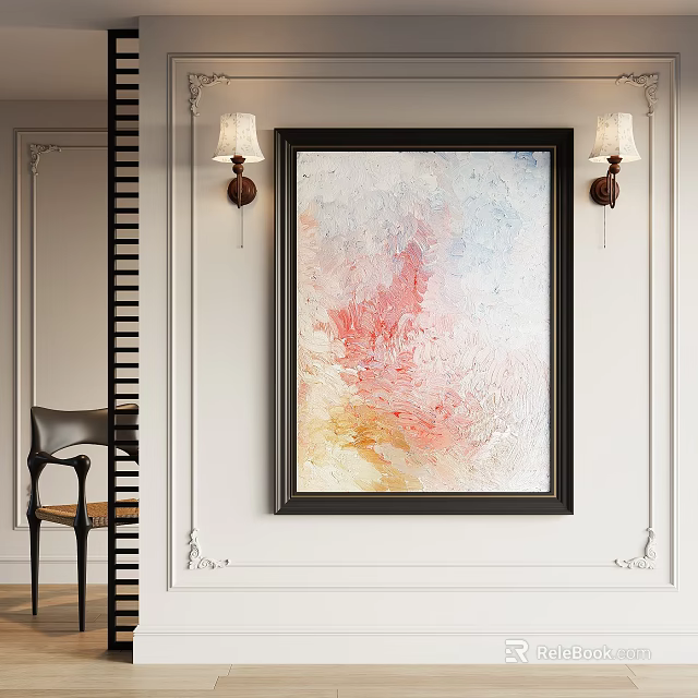 Abstract Painting With Black Frame Soft Pink Yellow Blue White Hues Hanging On White Wall 3d model 