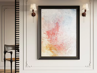 Abstract Painting With Black Frame Soft Pink Yellow Blue White Hues Hanging On White Wall 3d model