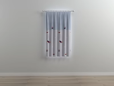Light Blue And White Kids Curtains With Cartoon Airplane Patterns Hanging On Wall 3d model