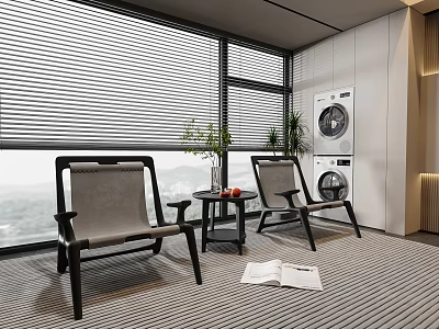 Two Chairs Small Table Set In Room With Blinds Plant Open Book And Mountain View 3d model