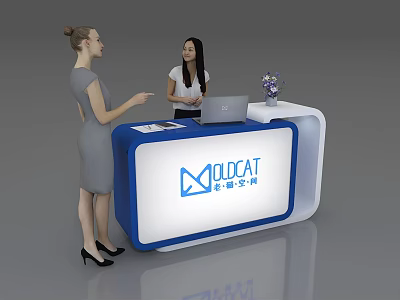 Modern Blue And White Reception Desk With MOLCAT Logo Laptop Flowers Staff And Visitor 3d model