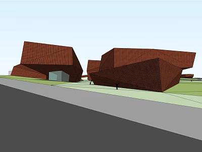 Modern Geometric Red Brick Building Exterior With Lawn And Sidewalk Features 3d model