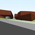 Modern Geometric Red Brick Building Exterior With Lawn And Sidewalk Features