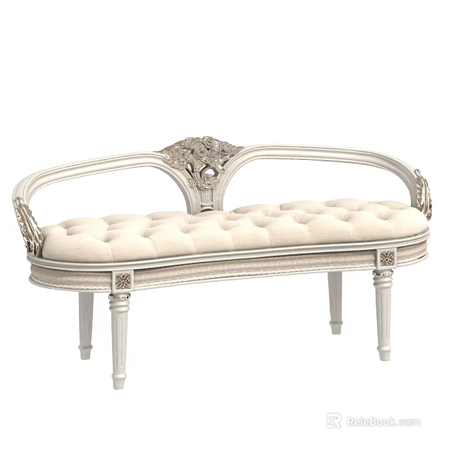 Elegant Carved Ottoman With White Frame And Beige Upholstered Seat 3d model 