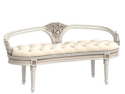 Elegant Carved Ottoman With White Frame And Beige Upholstered Seat 3d model