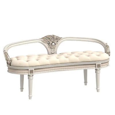 Elegant Carved Ottoman With White Frame And Beige Upholstered Seat 3d model