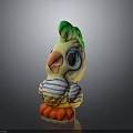 Toy Parrot With Green Crest Large Blue Eyes Orange Beak Striped Body And Orange Feet
