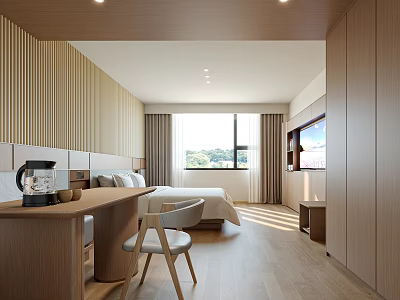 Modern Hotel Guest Room With Wooden Panel Walls Bed Desk Chair TV And Natural Light 3d model