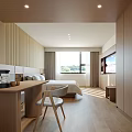 Modern Hotel Guest Room With Wooden Panel Walls Bed Desk Chair TV And Natural Light