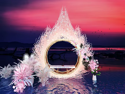 Stunning Floral Installation With Circular Illuminated Arch And Pink White Flowers 3d model