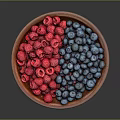 Fresh Red Raspberries and Blue Blueberries in Wooden Bowl on Dark Background