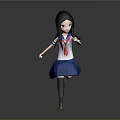 3D Anime School Girl Character With Long Black Hair Red Tie Blue Skirt Running Pose