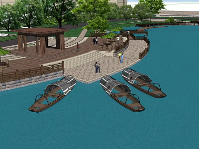 Waterfront Garden Landscape with Wooden Deck Pavilion Moored Boats Green Trees and People Walking 3d model