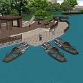 Waterfront Garden Landscape with Wooden Deck Pavilion Moored Boats Green Trees and People Walking