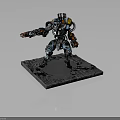 3D Mech Model Standing with Blue Orange Armor and Mechanical Weapon on Rock Base