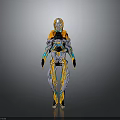 Futuristic Mechanical Humanoid With Cybernetic Armor And Orange Blue Gray Accents