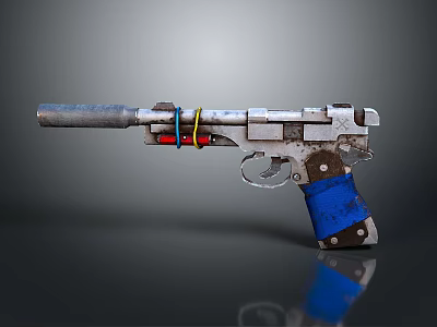 Vintage Pistol Weapon Featuring Silver Barrel Blue Grip And Colored Rings Design 3d model