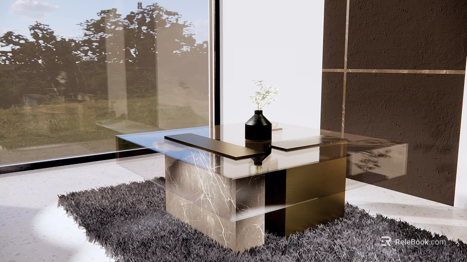 Stylish Coffee Table With Glass Top Marble Base Black Vase And Natural View Through Window 3d model 