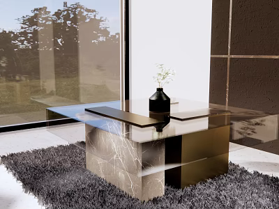 Stylish Coffee Table With Glass Top Marble Base Black Vase And Natural View Through Window 3d model