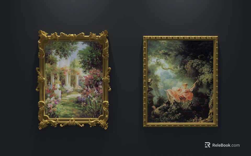 Vintage Landscape Paintings With Ornate Golden Frames Garden Scenes Columns Flowers And Wooded Figures 3d model 