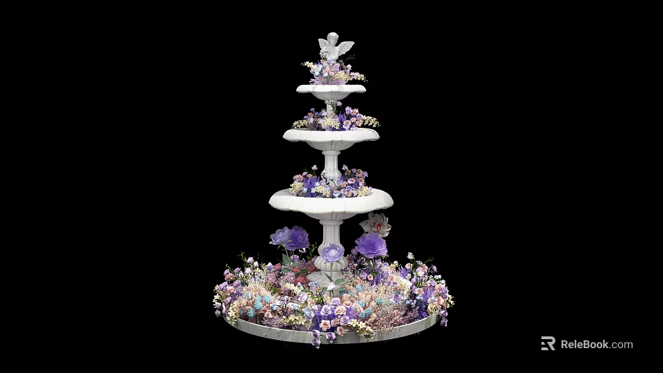 Commercial Three Tiered White Display Stand Decorated With Purple White Flowers Top Ornament And Base 3d model 