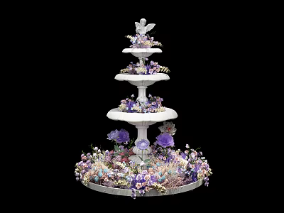Commercial Three Tiered White Display Stand Decorated With Purple White Flowers Top Ornament And Base 3d model