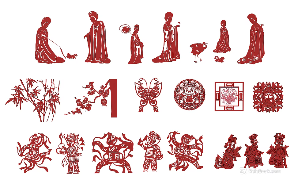 Traditional Red Chinese Paper-Cut Wall Decor With Figurines Butterflies Bamboo And Floral Patterns 3d model 