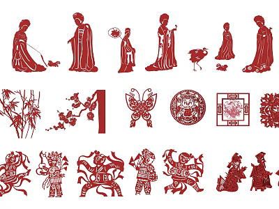 Traditional Red Chinese Paper-Cut Wall Decor With Figurines Butterflies Bamboo And Floral Patterns 3d model