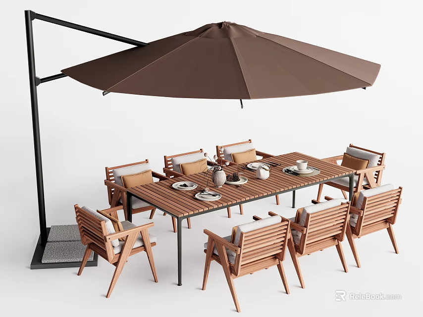 Outdoor Table With Wooden Chairs Brown Umbrella And Black Stand For Outdoor Dining 3d model 