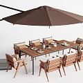 Outdoor Table With Wooden Chairs Brown Umbrella And Black Stand For Outdoor Dining