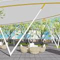 Garden Landscape Featuring White Tensile Membrane Structure Wicker Seating and Green Trees