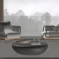 Modern Rattan Leisure Chairs with Cushions in Balcony Scenic View and Coffee Table with Books