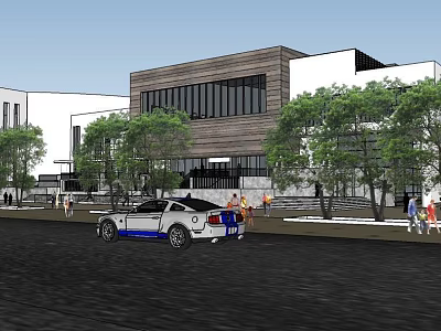 Modern Cultural Center Building With Wooden Facade Trees And Pedestrian Area 3d model