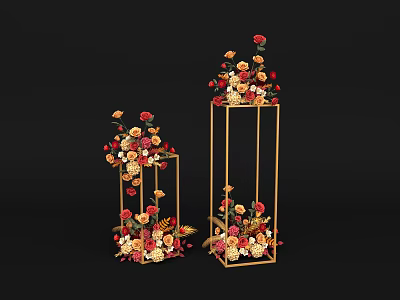 Floral Display With Golden Square Frames And Colorful Red Orange Yellow Flowers 3d model