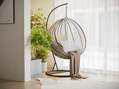 Rattan Hanging Chair In Cozy Indoor Space With Green Plants White Curtains And Soft Rug 3d model