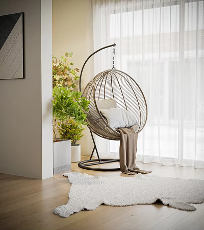 Rattan Hanging Chair In Cozy Indoor Space With Green Plants White Curtains And Soft Rug 3d model