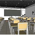 School Classroom Interior With Blackboard Desks Chairs Ceiling Lights And Inspirational Wall Decor