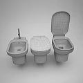 Three Modern Toilets with Black Marble Tile Wall and Colorful Patterned Floor