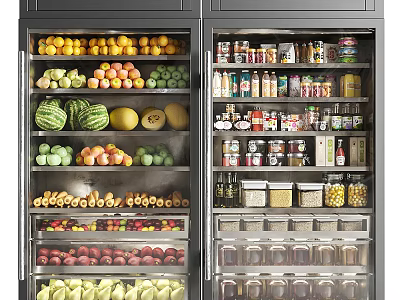 Organized Refrigerator Interior Filled With Fresh Fruits Vegetables Canned Goods And Bottled Drinks 3d model