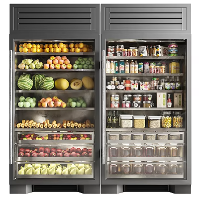 Organized Refrigerator Interior Filled With Fresh Fruits Vegetables Canned Goods And Bottled Drinks 3d model