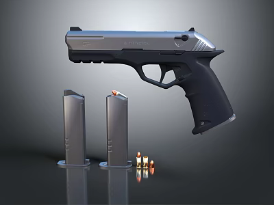 Tactical Semi Automatic Pistol With Two Magazines And Bullets On Dark Surface 3d model