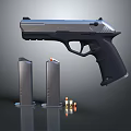 Tactical Semi Automatic Pistol With Two Magazines And Bullets On Dark Surface 3d model
