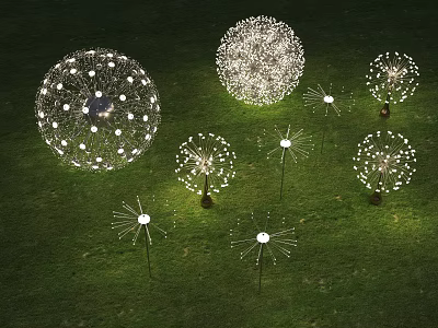 Multiple Dandelion Shaped Outdoor Lights Illuminated on Grass for Night Garden Decor 3d model
